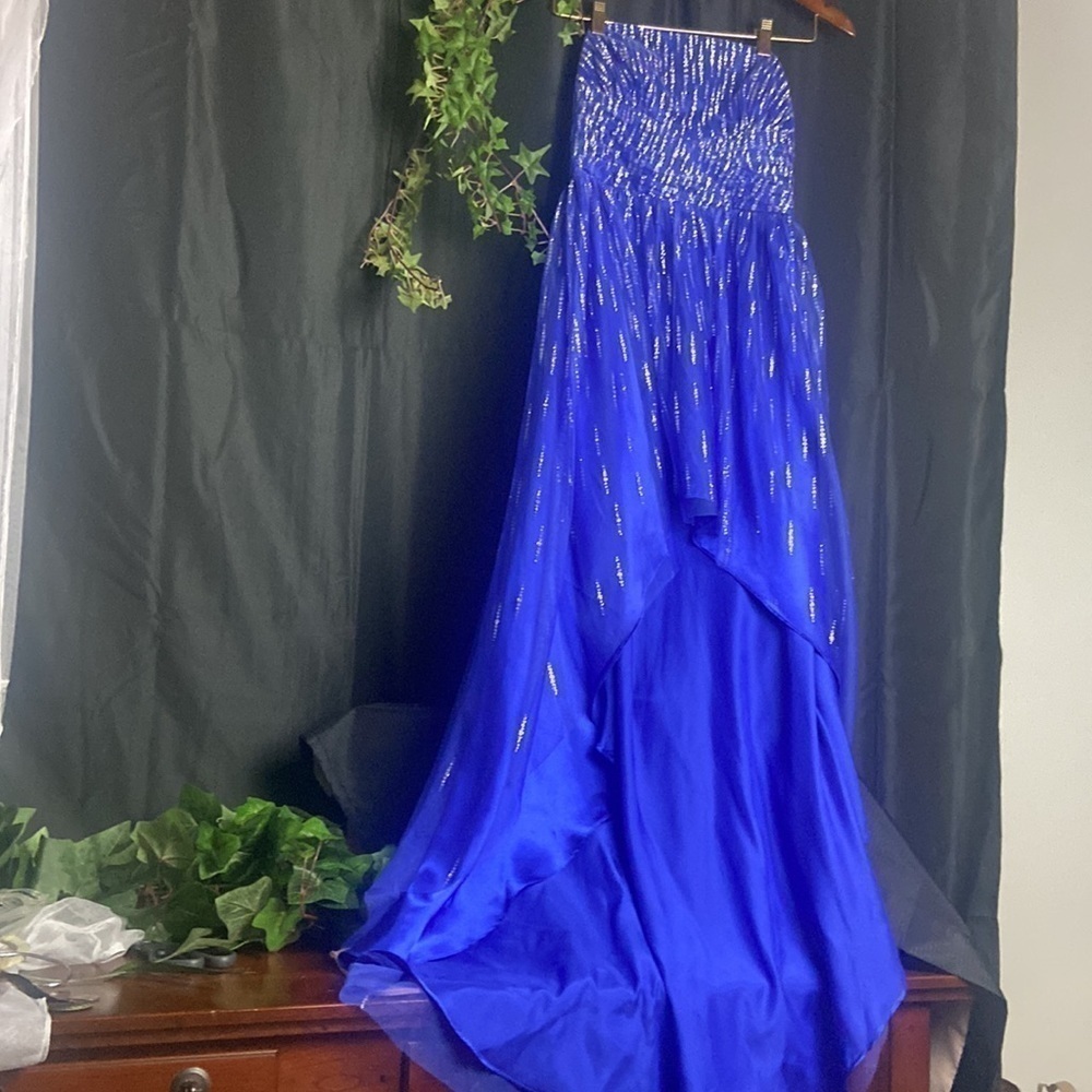 Morgan & Co. Blue Glittery Prom Dress Hi Low